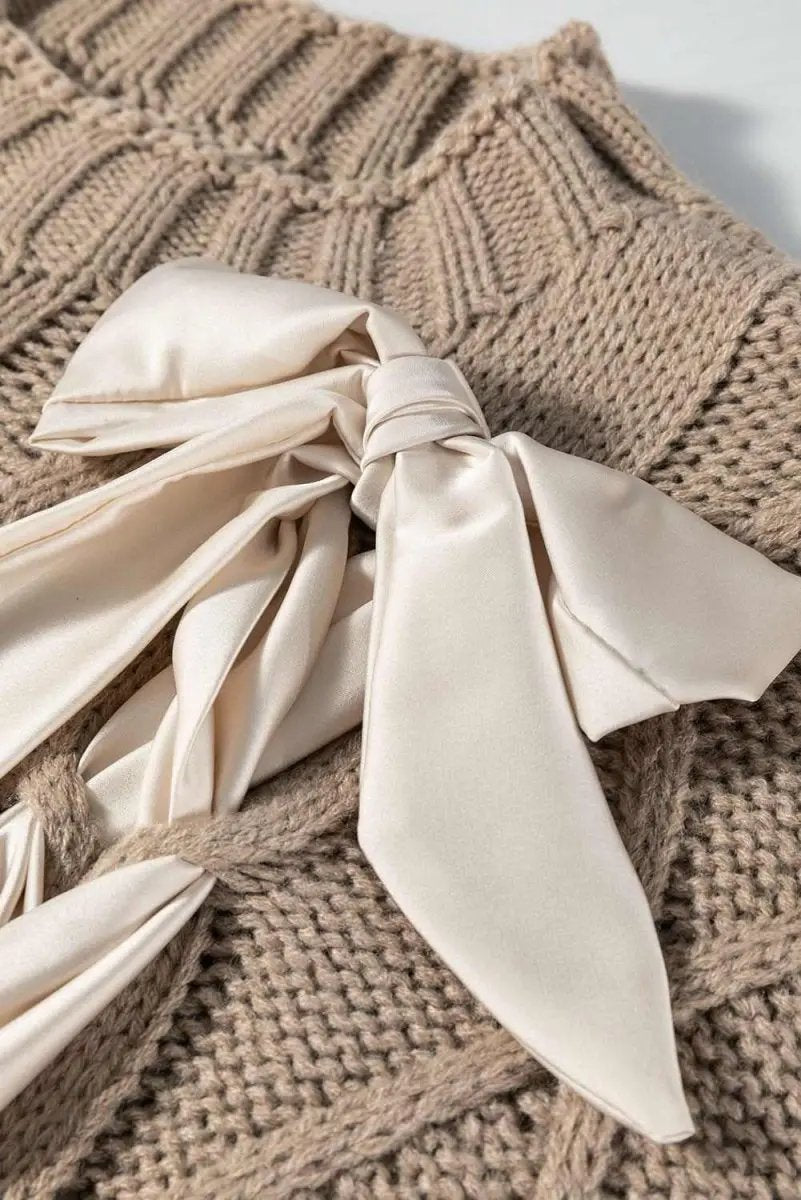 Chic Taupe Colorblocked Cable Knit Sweater with Satin Bow Detail - Love Salve